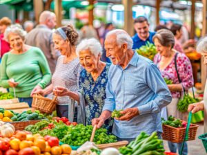 Adultos mayores comprando alimentos