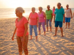 adultos mayores en una playa haciendo ejercicios